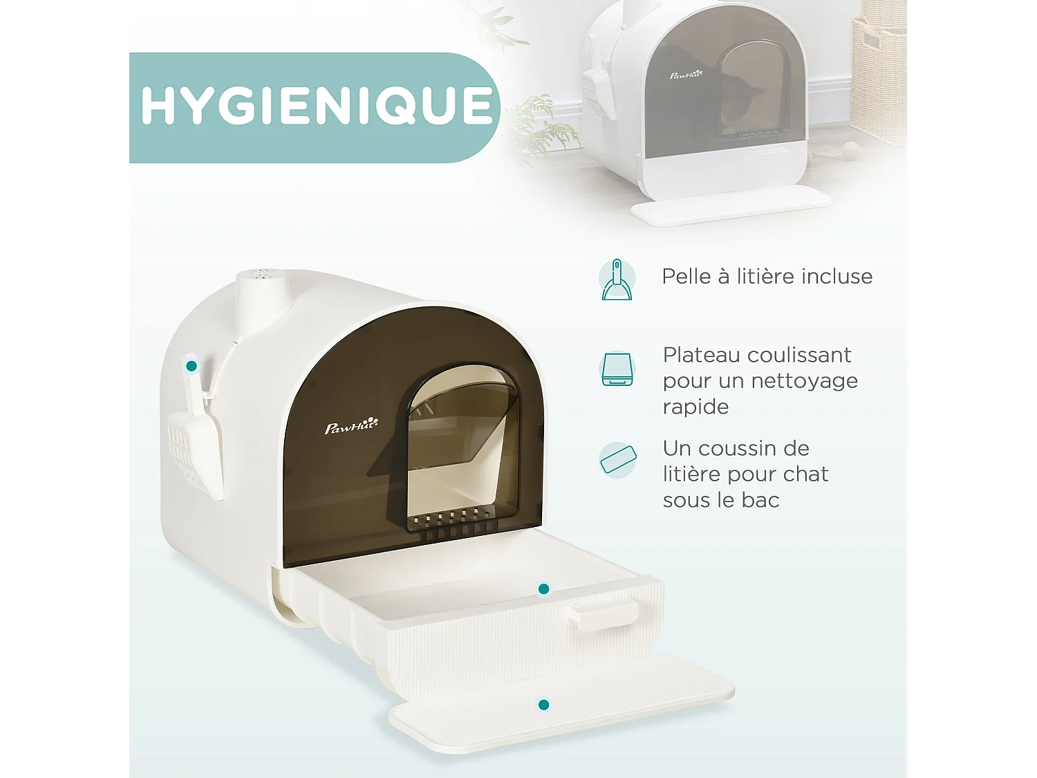 Maison de toilette bac à litière pour chat avec porte battante, pelle et filtre inclus dim. 43L x 44l x 47H cm PP blanc marron fumé