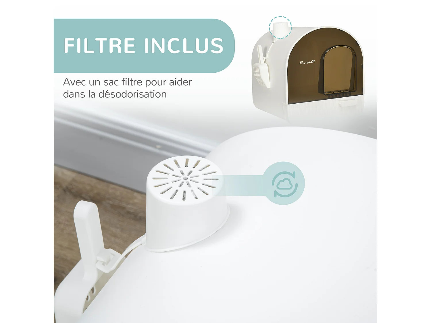 Maison de toilette bac à litière pour chat avec porte battante, pelle et filtre inclus dim. 43L x 44l x 47H cm PP blanc marron fumé