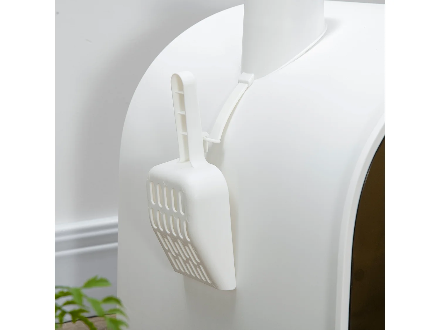 Maison de toilette bac à litière pour chat avec porte battante, pelle et filtre inclus dim. 43L x 44l x 47H cm PP blanc marron fumé