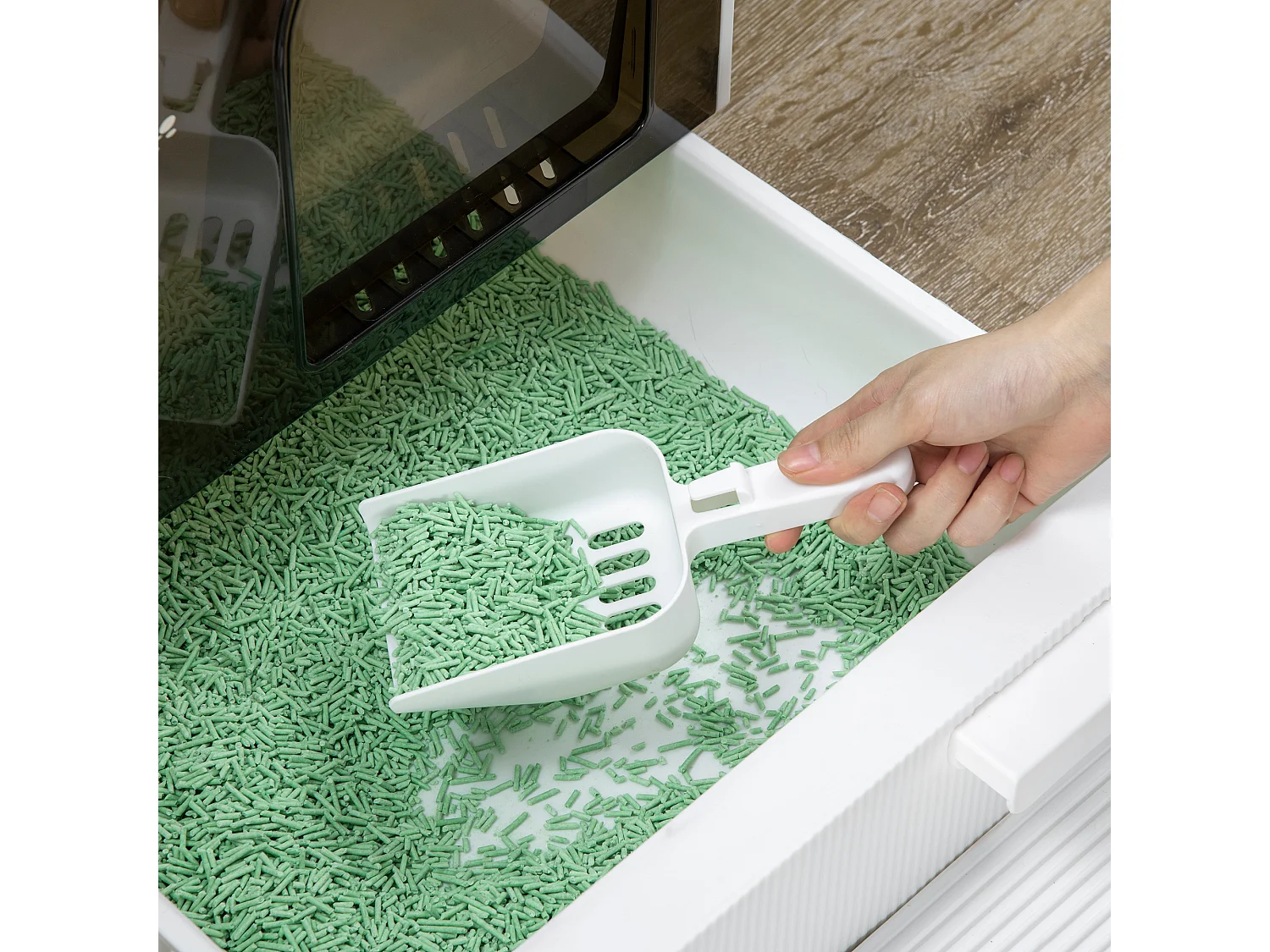 Maison de toilette bac à litière pour chat avec porte battante, pelle et filtre inclus dim. 43L x 44l x 47H cm PP blanc marron fumé