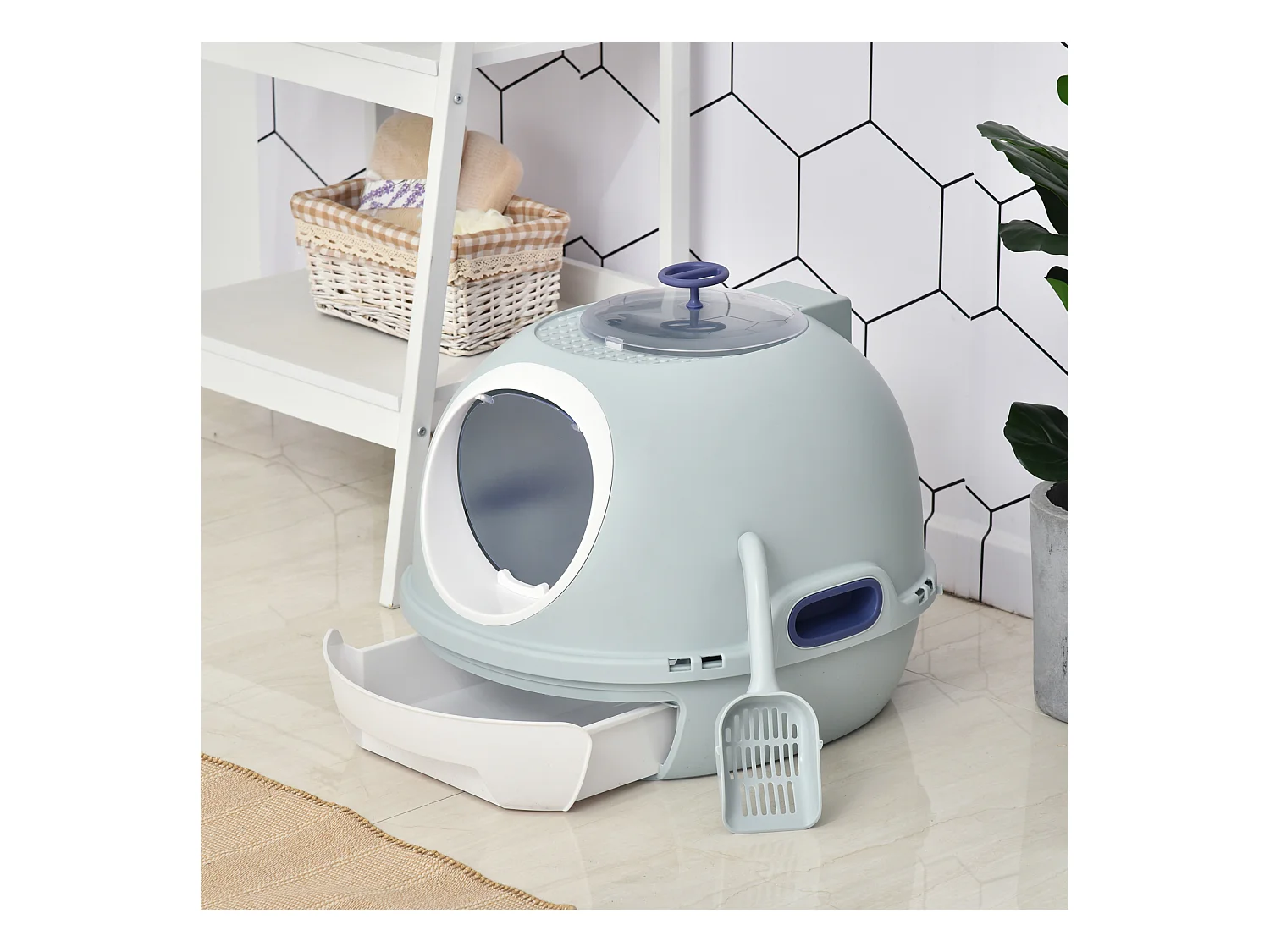 Maison de toilette portable pour chat tiroir à litière coulissant porte battante lucarne + pelle fournis dim. 47L x 55l x 44H cm bleu