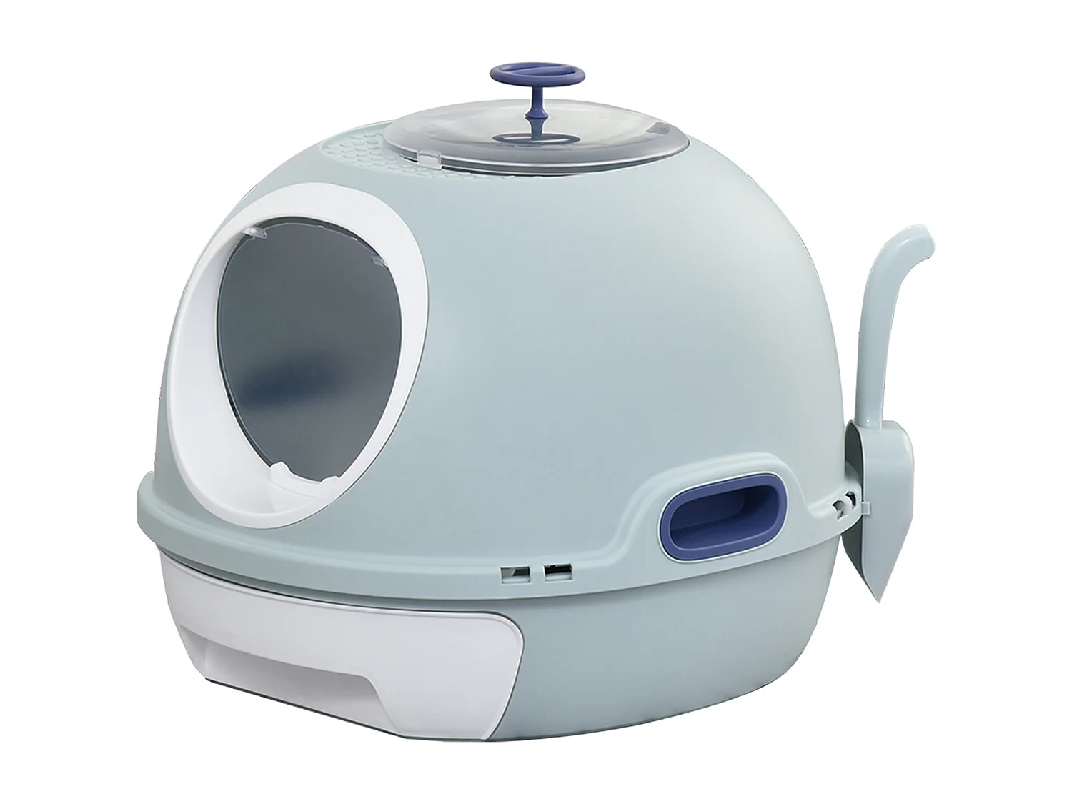 Maison de toilette portable pour chat tiroir à litière coulissant porte battante lucarne + pelle fournis dim. 47L x 55l x 44H cm bleu