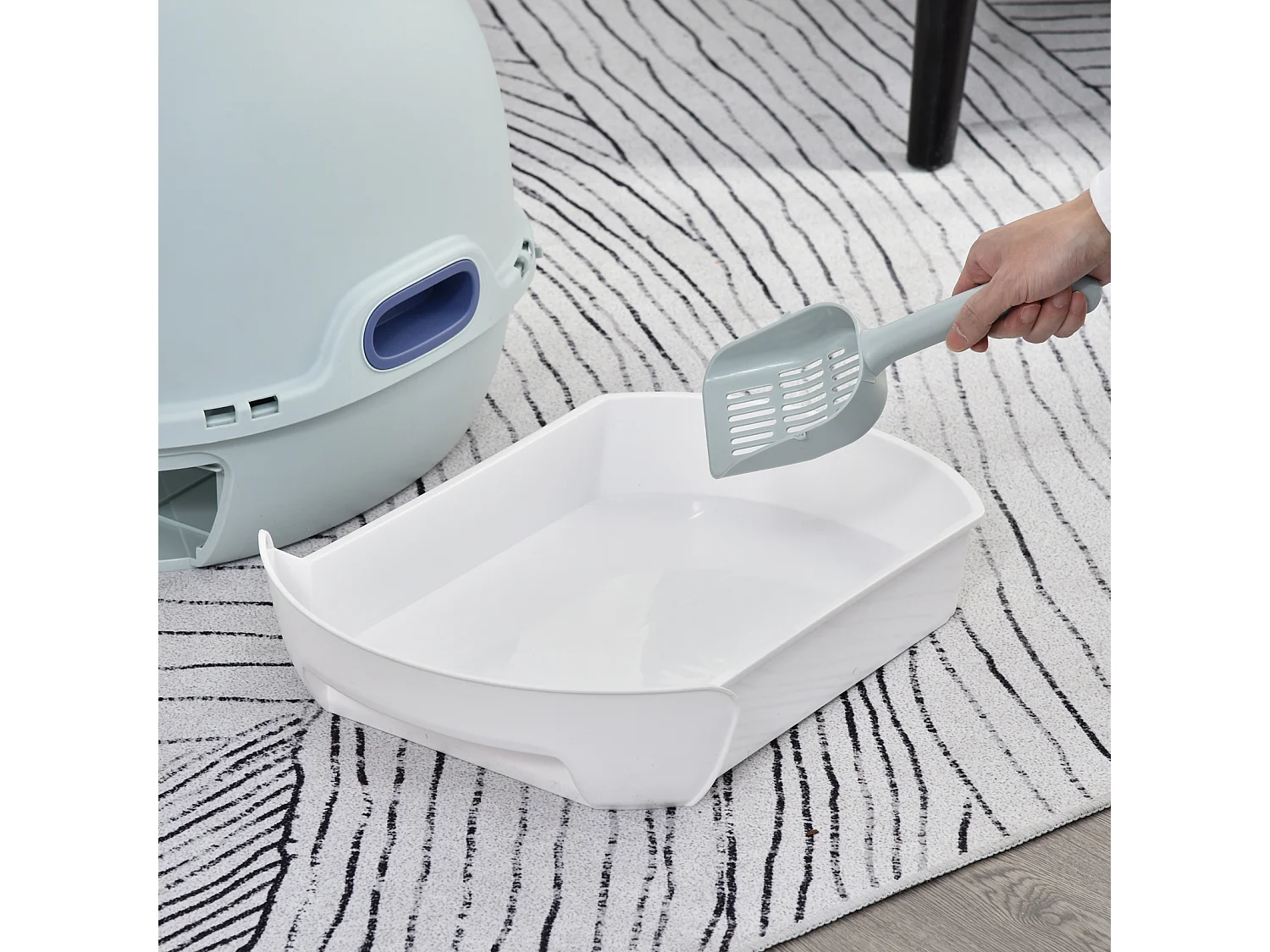 Maison de toilette portable pour chat tiroir à litière coulissant porte battante lucarne + pelle fournis dim. 47L x 55l x 44H cm bleu