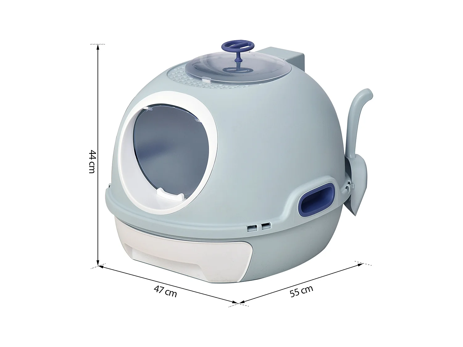 Maison de toilette portable pour chat tiroir à litière coulissant porte battante lucarne + pelle fournis dim. 47L x 55l x 44H cm bleu