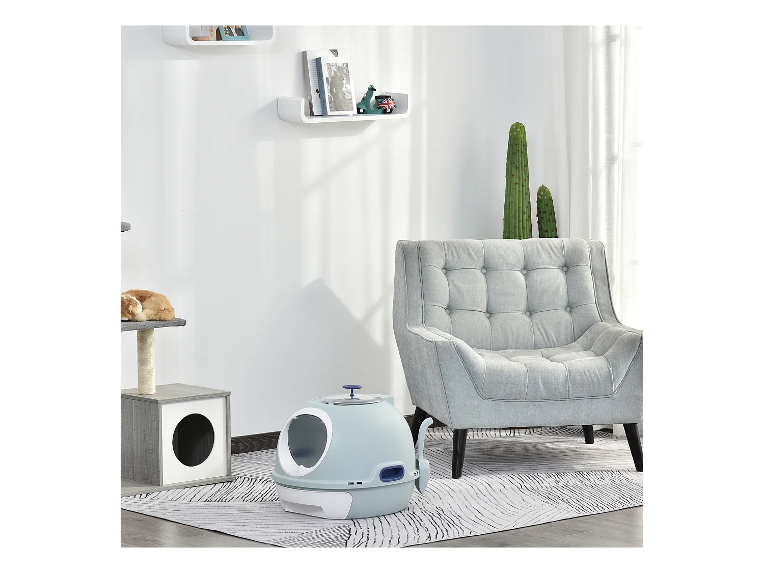 Maison de toilette portable pour chat tiroir à litière coulissant porte battante lucarne + pelle fournis dim. 47L x 55l x 44H cm bleu