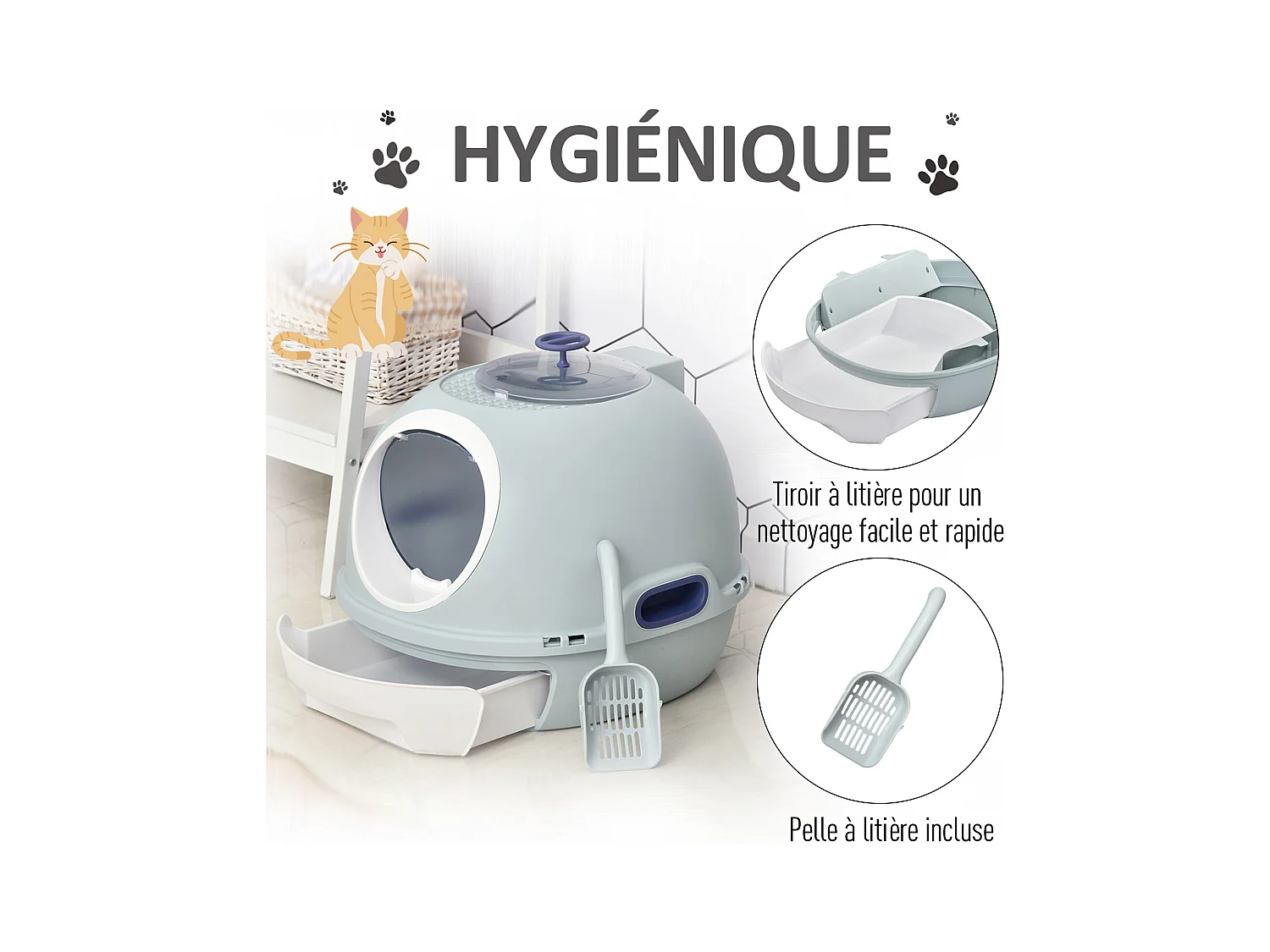 Maison de toilette portable pour chat tiroir à litière coulissant porte battante lucarne + pelle fournis dim. 47L x 55l x 44H cm bleu