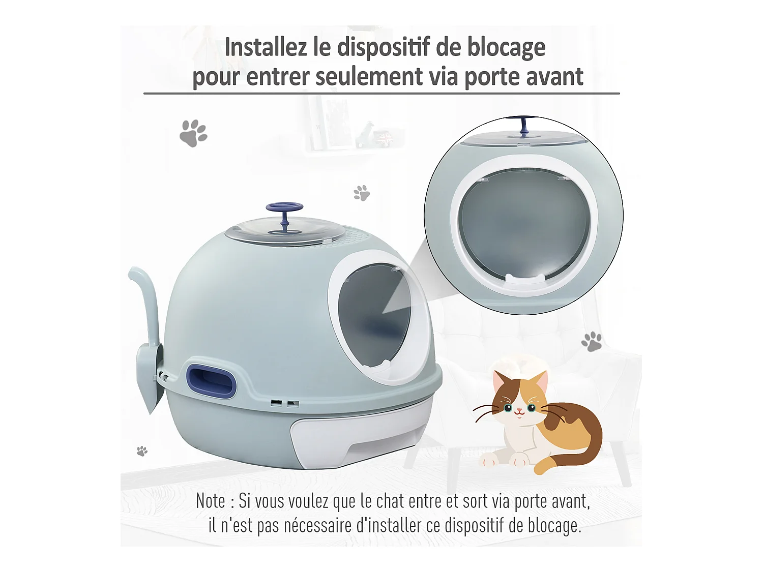 Maison de toilette portable pour chat tiroir à litière coulissant porte battante lucarne + pelle fournis dim. 47L x 55l x 44H cm bleu