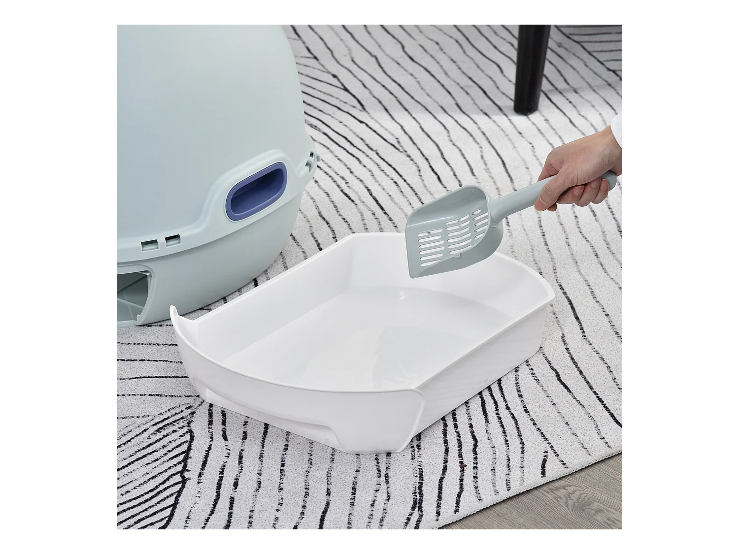 Maison de toilette portable pour chat tiroir à litière coulissant porte battante lucarne + pelle fournis dim. 47L x 55l x 44H cm bleu