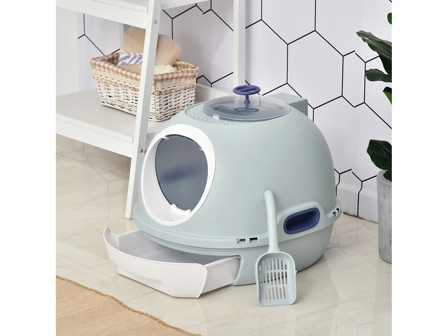 Maison de toilette portable pour chat tiroir à litière coulissant porte battante lucarne + pelle fournis dim. 47L x 55l x 44H cm bleu