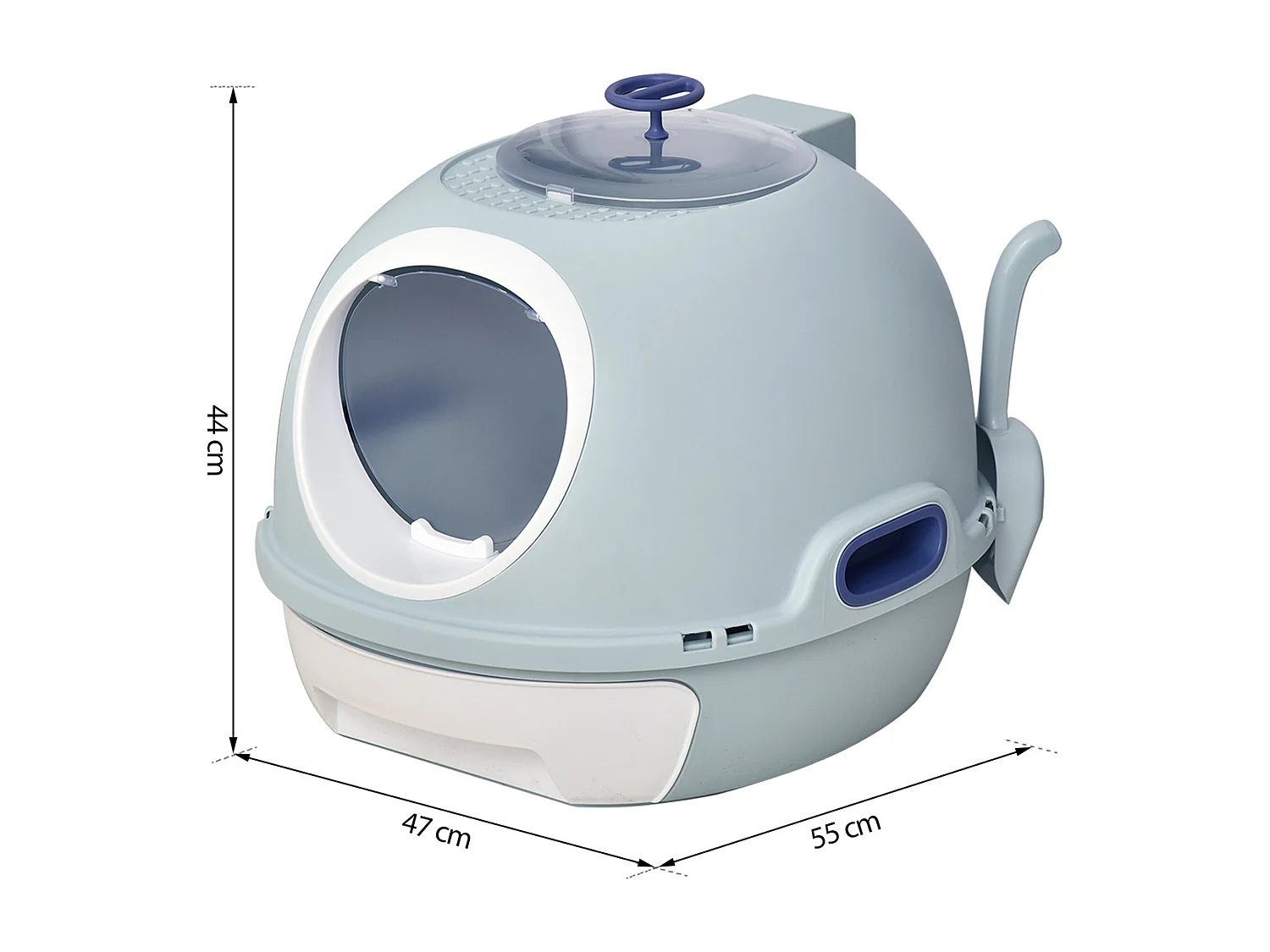 Maison de toilette portable pour chat tiroir à litière coulissant porte battante lucarne + pelle fournis dim. 47L x 55l x 44H cm bleu
