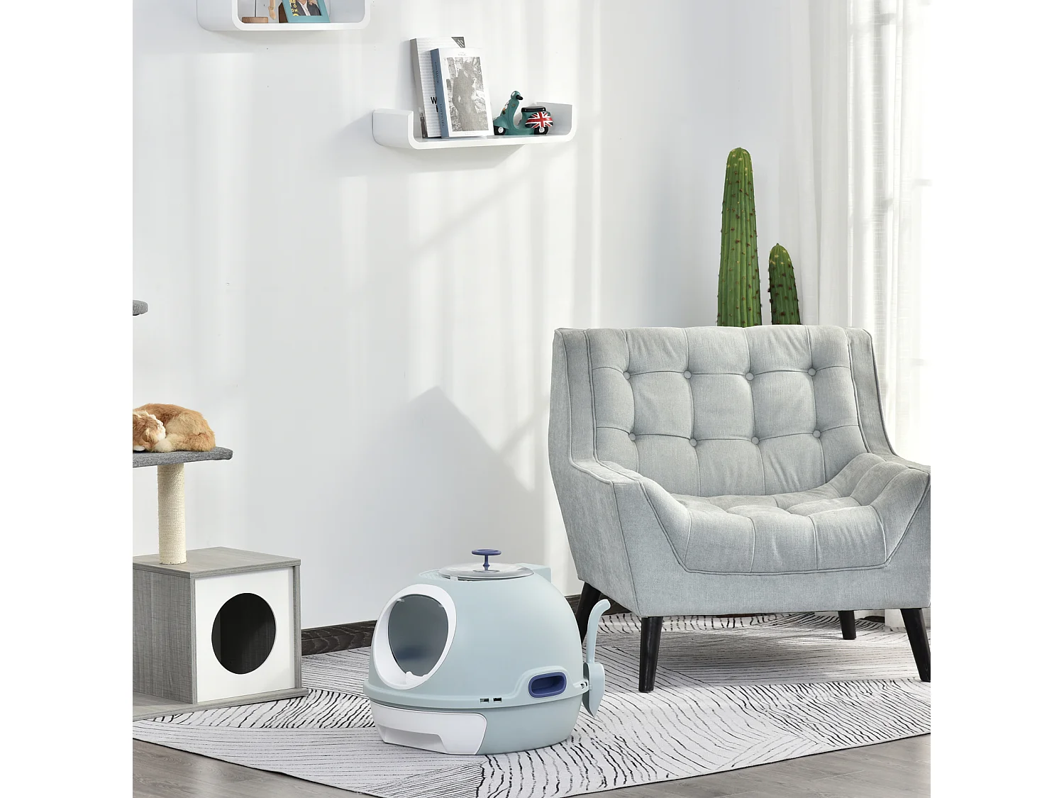 Maison de toilette portable pour chat tiroir à litière coulissant porte battante lucarne + pelle fournis dim. 47L x 55l x 44H cm bleu