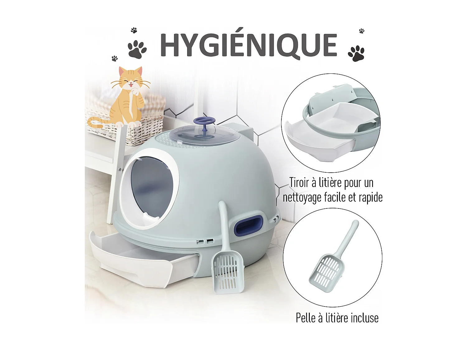 Maison de toilette portable pour chat tiroir à litière coulissant porte battante lucarne + pelle fournis dim. 47L x 55l x 44H cm bleu