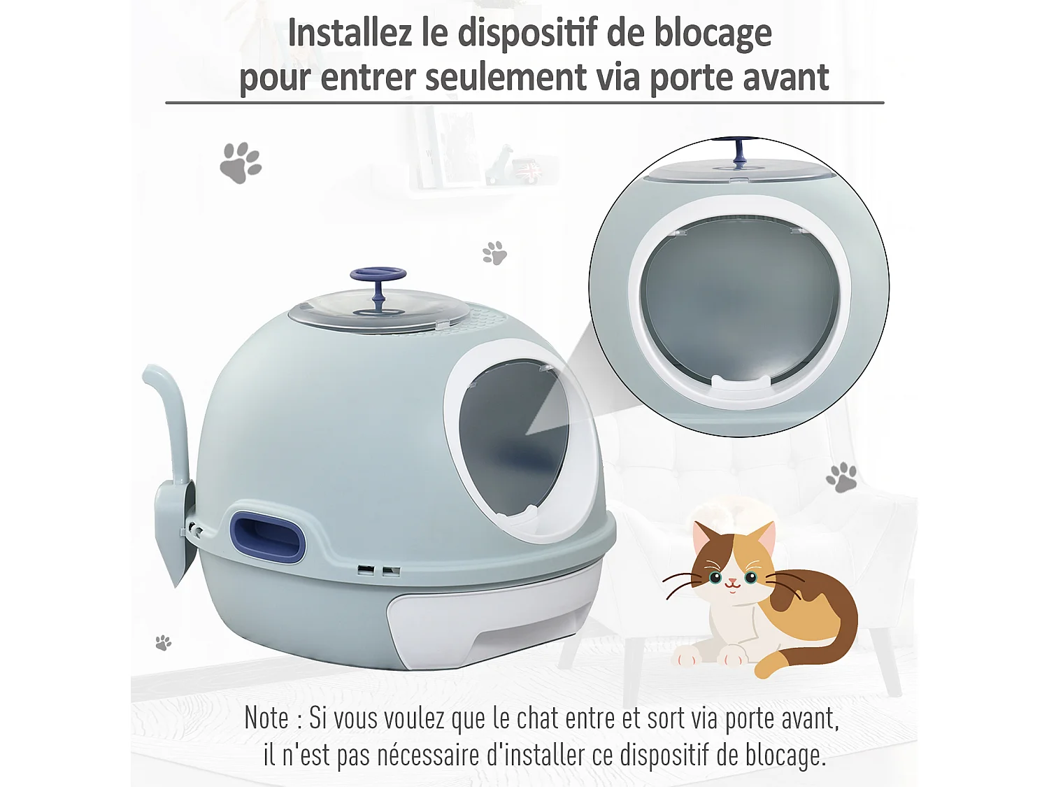 Maison de toilette portable pour chat tiroir à litière coulissant porte battante lucarne + pelle fournis dim. 47L x 55l x 44H cm bleu