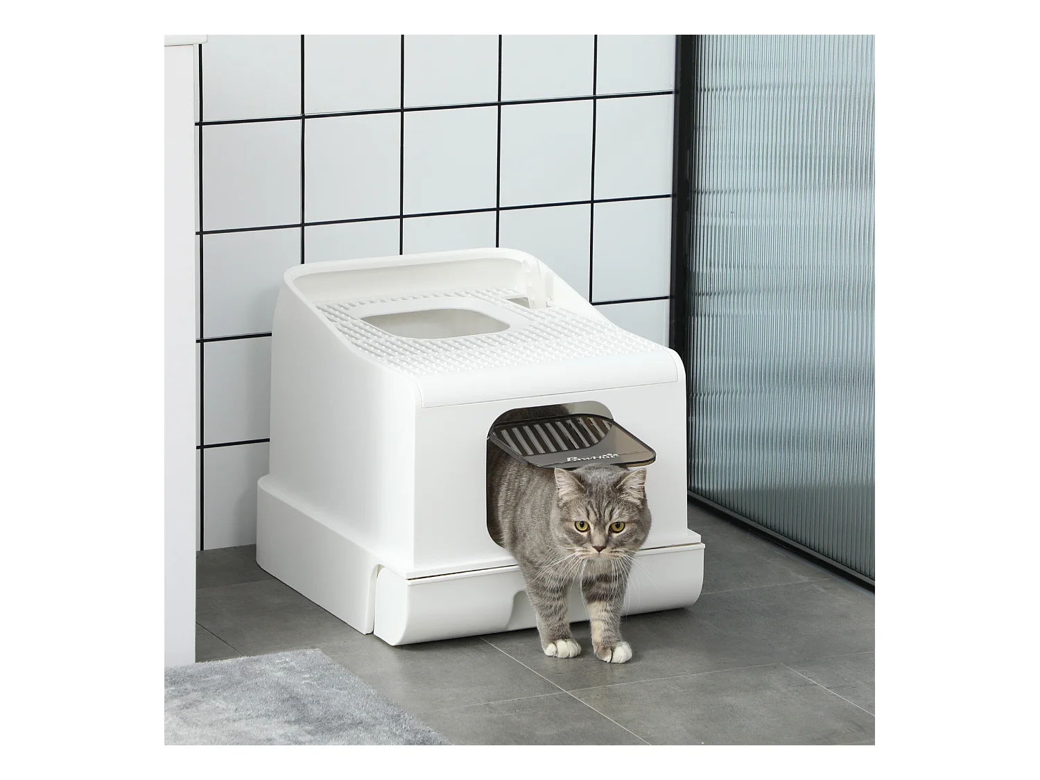 Maison de toilette chat bac à litière 2 portes - pelle, bac amovible, roulettes, poignée - PE blanc