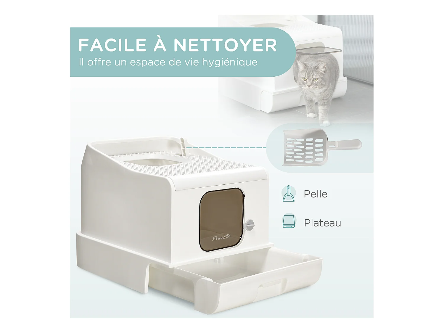 Maison de toilette chat bac à litière 2 portes - pelle, bac amovible, roulettes, poignée - PE blanc