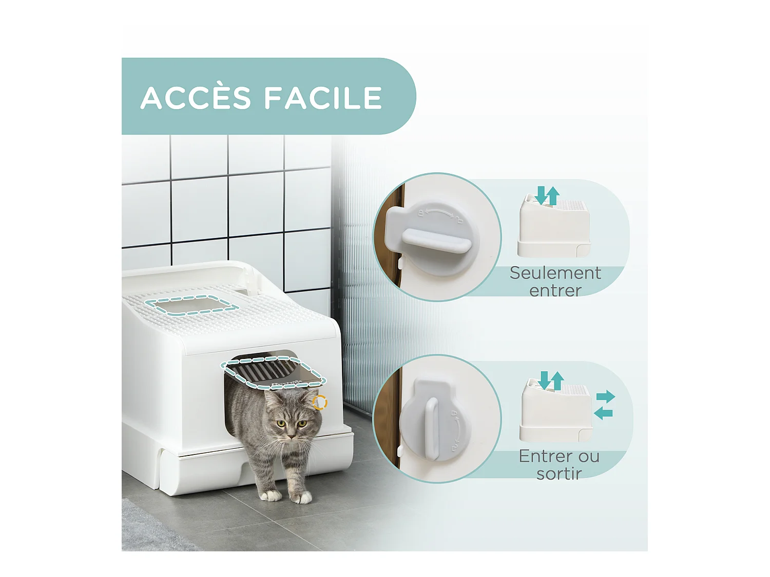 Maison de toilette chat bac à litière 2 portes - pelle, bac amovible, roulettes, poignée - PE blanc