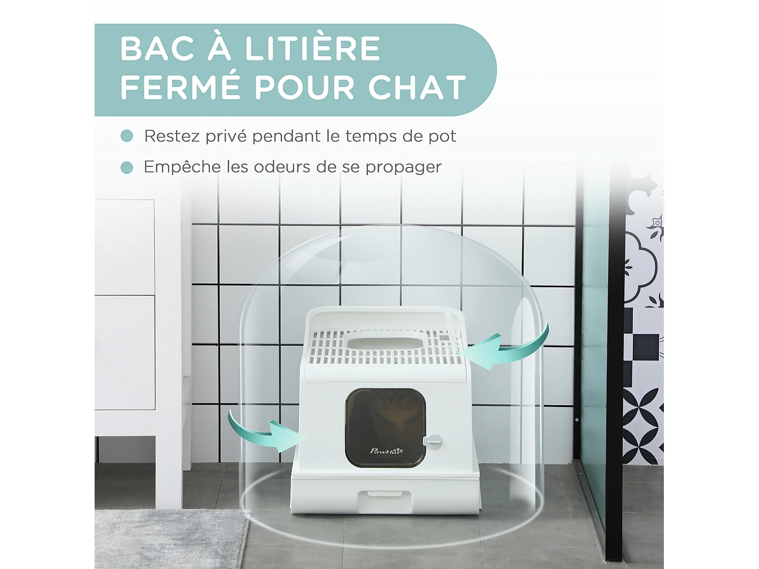 Maison de toilette chat bac à litière 2 portes - pelle, bac amovible, roulettes, poignée - PE blanc