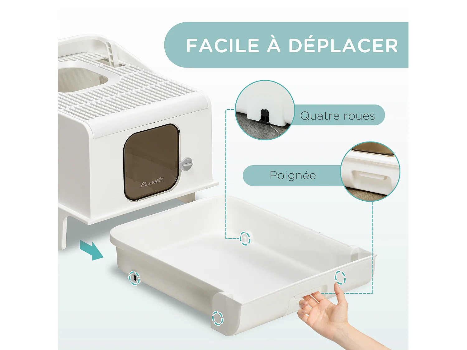 Maison de toilette chat bac à litière 2 portes - pelle, bac amovible, roulettes, poignée - PE blanc