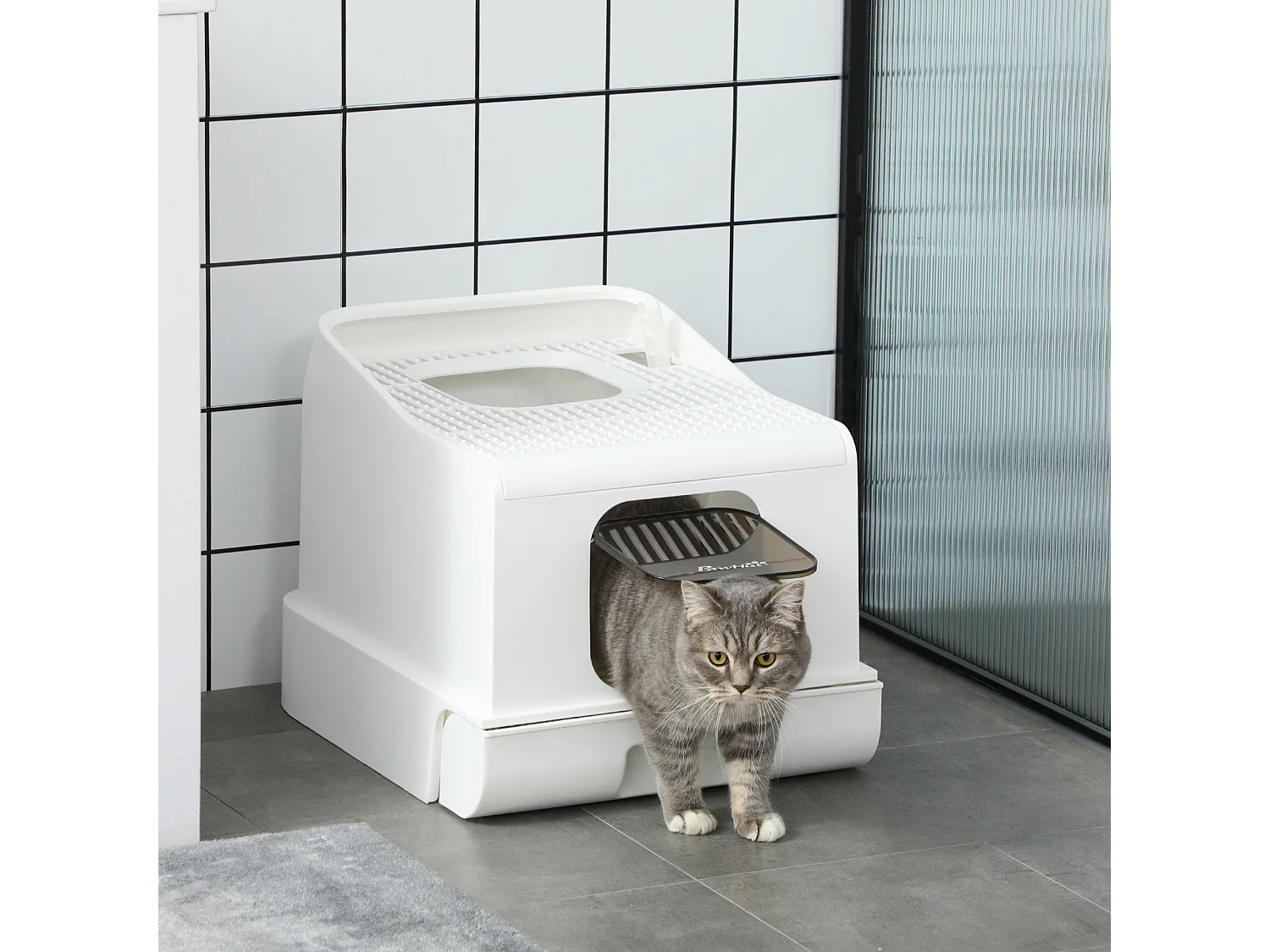 Maison de toilette chat bac à litière 2 portes - pelle, bac amovible, roulettes, poignée - PE blanc