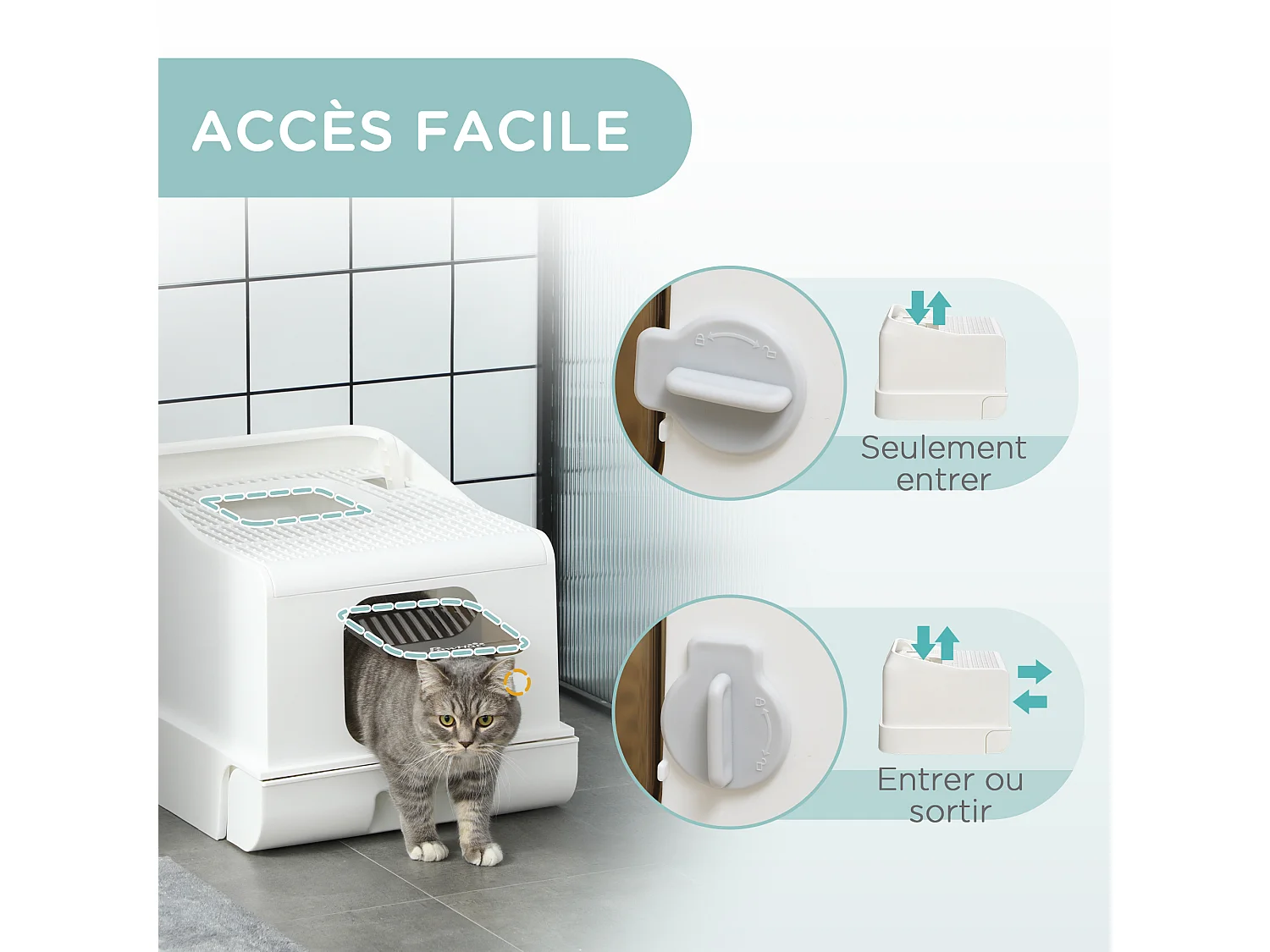 Maison de toilette chat bac à litière 2 portes - pelle, bac amovible, roulettes, poignée - PE blanc