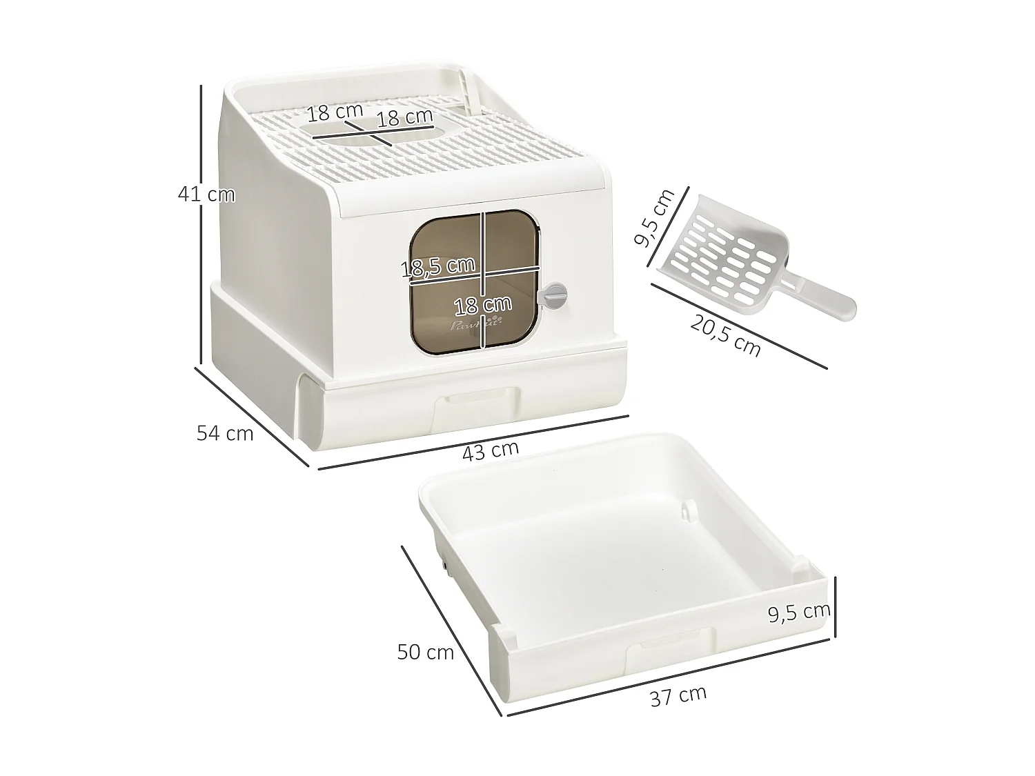 Maison de toilette chat bac à litière 2 portes - pelle, bac amovible, roulettes, poignée - PE blanc