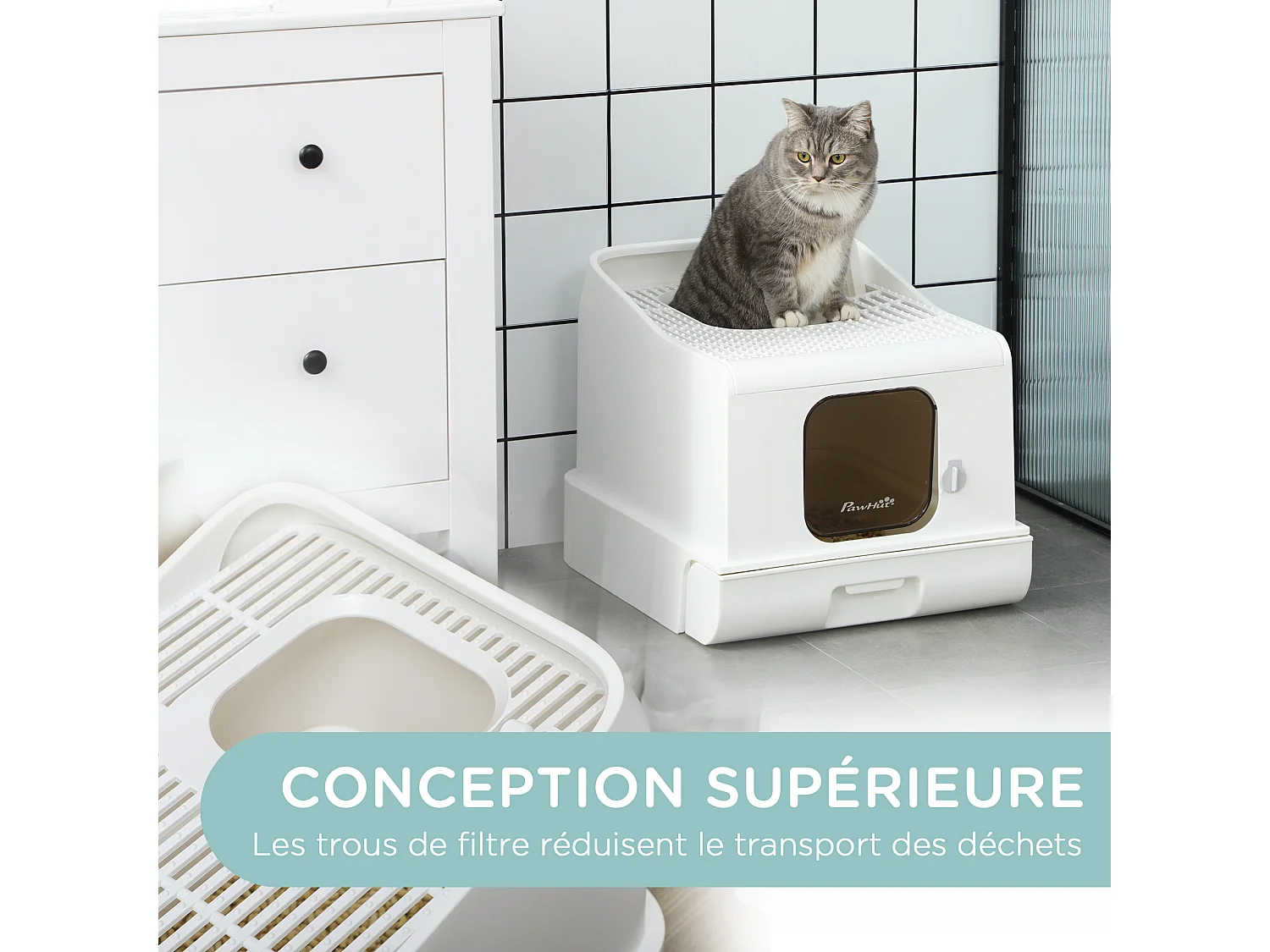 Maison de toilette chat bac à litière 2 portes - pelle, bac amovible, roulettes, poignée - PE blanc