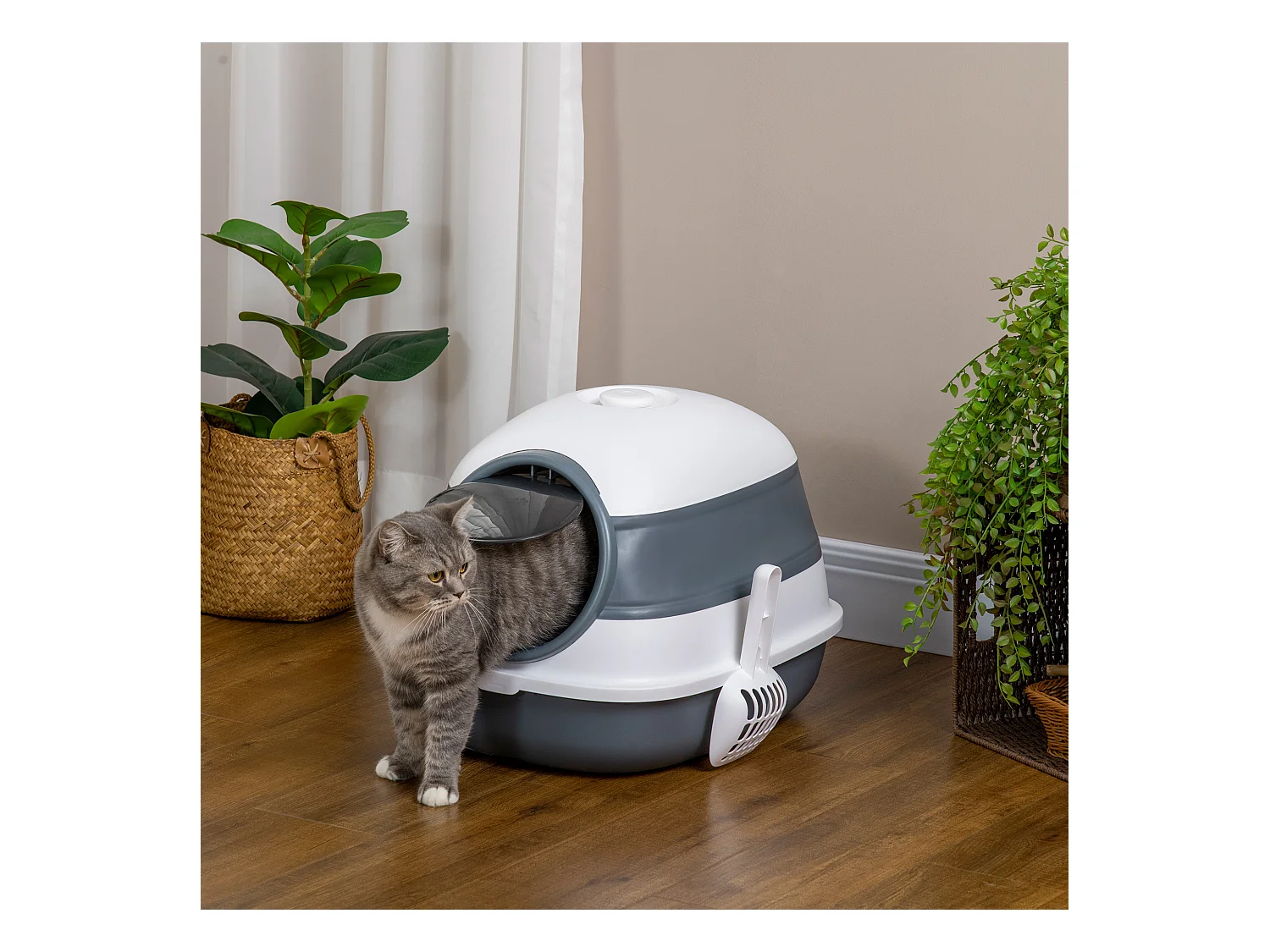 Maison de toilette pliable - bac à litière chat avec porte battante, pelle et filtre inclus - ABS PP blanc gris