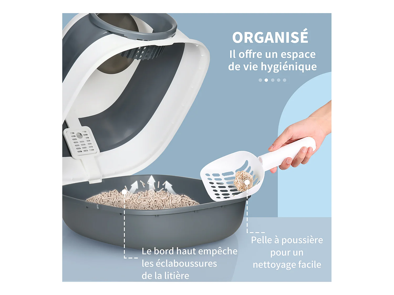 Maison de toilette pliable - bac à litière chat avec porte battante, pelle et filtre inclus - ABS PP blanc gris