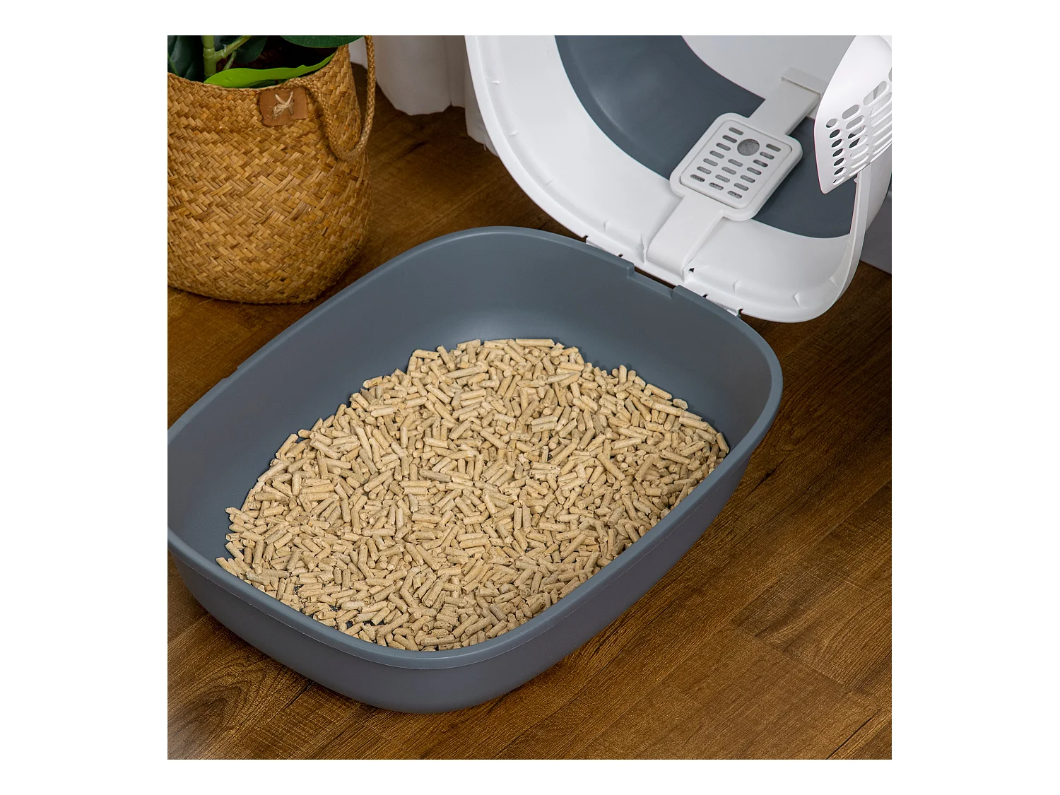 Maison de toilette pliable - bac à litière chat avec porte battante, pelle et filtre inclus - ABS PP blanc gris