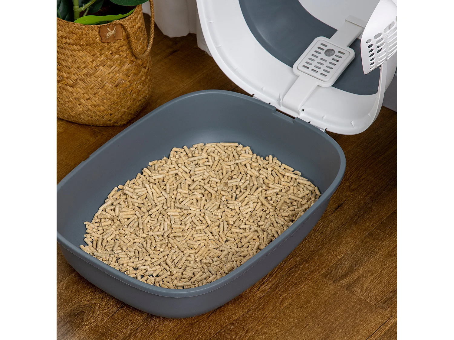 Maison de toilette pliable - bac à litière chat avec porte battante, pelle et filtre inclus - ABS PP blanc gris