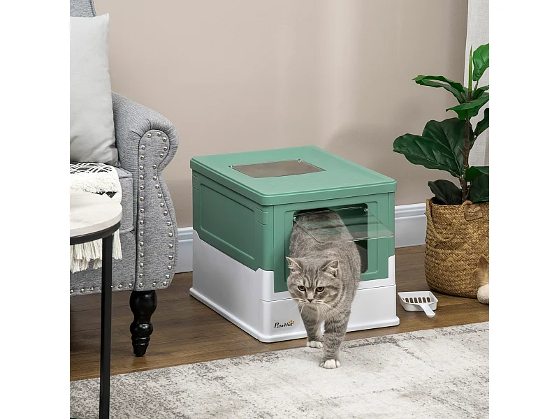 Maison de toilette pliable pour chat - tiroir à litière coulissant, porte battante et trappe transparente, pelle - blanc vert