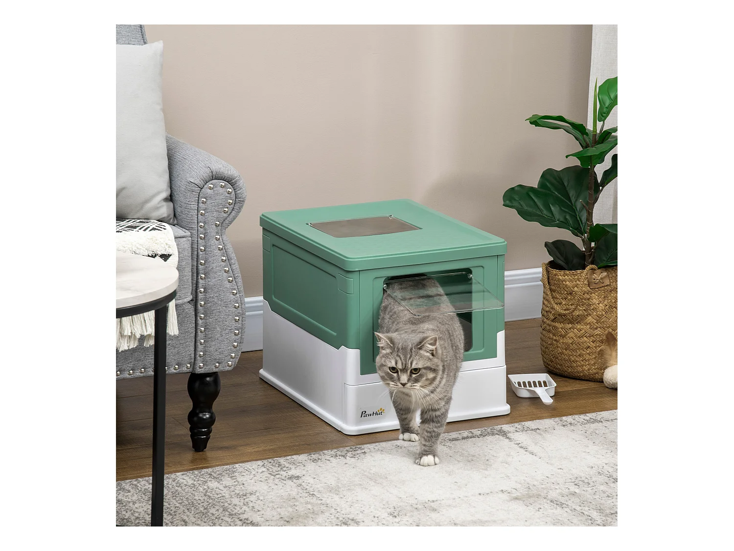 Maison de toilette pliable pour chat - tiroir à litière coulissant, porte battante et trappe transparente, pelle - blanc vert