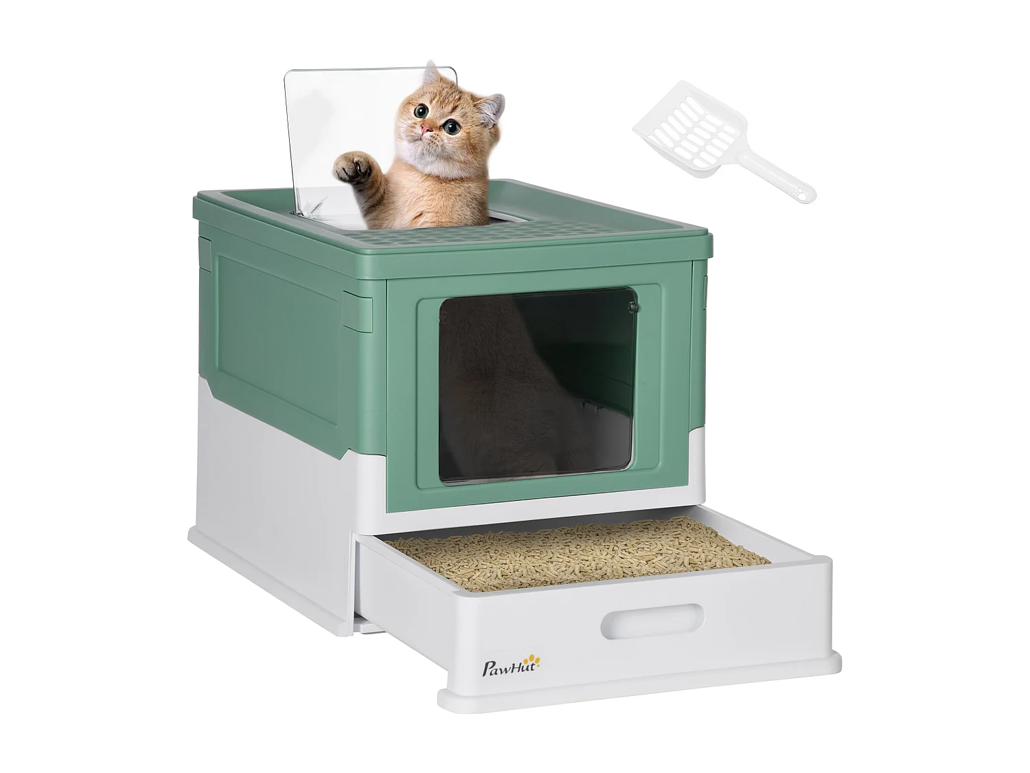 Maison de toilette pliable pour chat - tiroir à litière coulissant, porte battante et trappe transparente, pelle - blanc vert