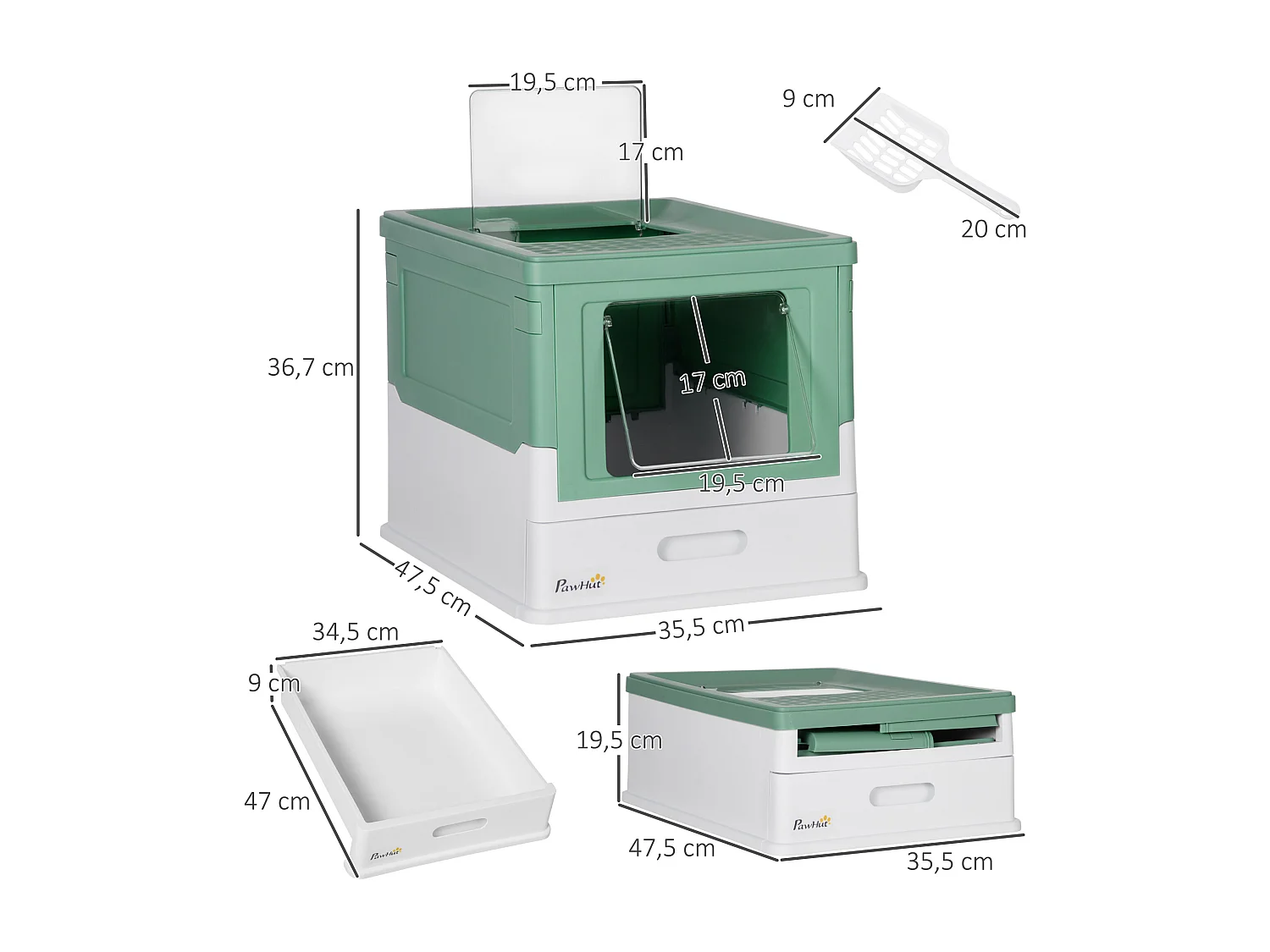 Maison de toilette pliable pour chat - tiroir à litière coulissant, porte battante et trappe transparente, pelle - blanc vert