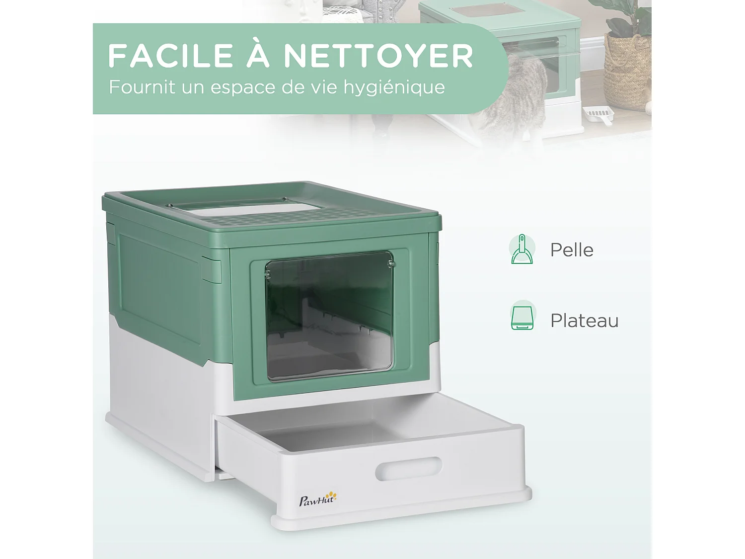 Maison de toilette pliable pour chat - tiroir à litière coulissant, porte battante et trappe transparente, pelle - blanc vert