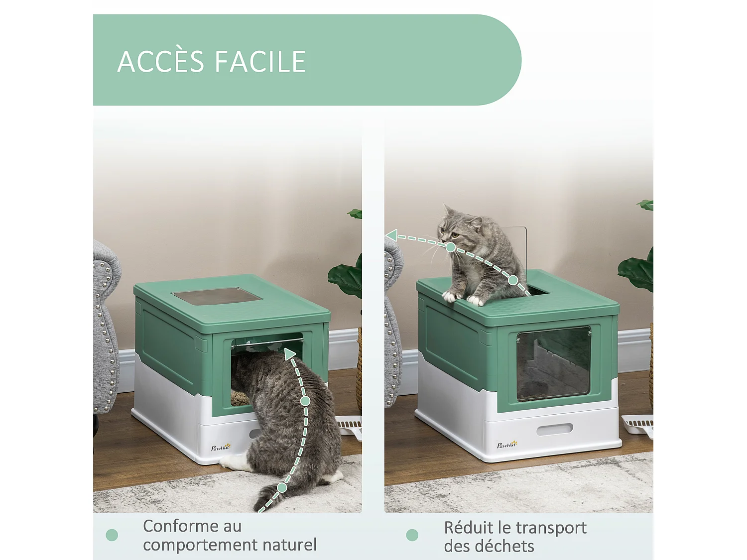 Maison de toilette pliable pour chat - tiroir à litière coulissant, porte battante et trappe transparente, pelle - blanc vert