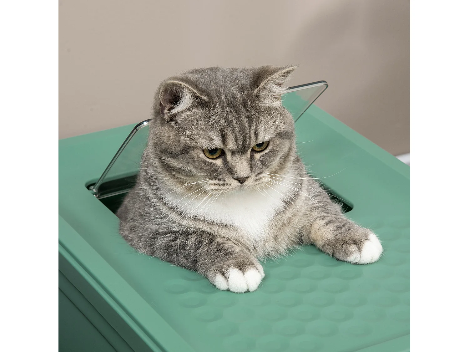 Maison de toilette pliable pour chat - tiroir à litière coulissant, porte battante et trappe transparente, pelle - blanc vert