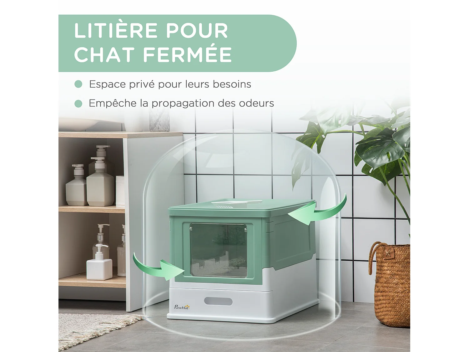 Maison de toilette pliable pour chat - tiroir à litière coulissant, porte battante et trappe transparente, pelle - blanc vert