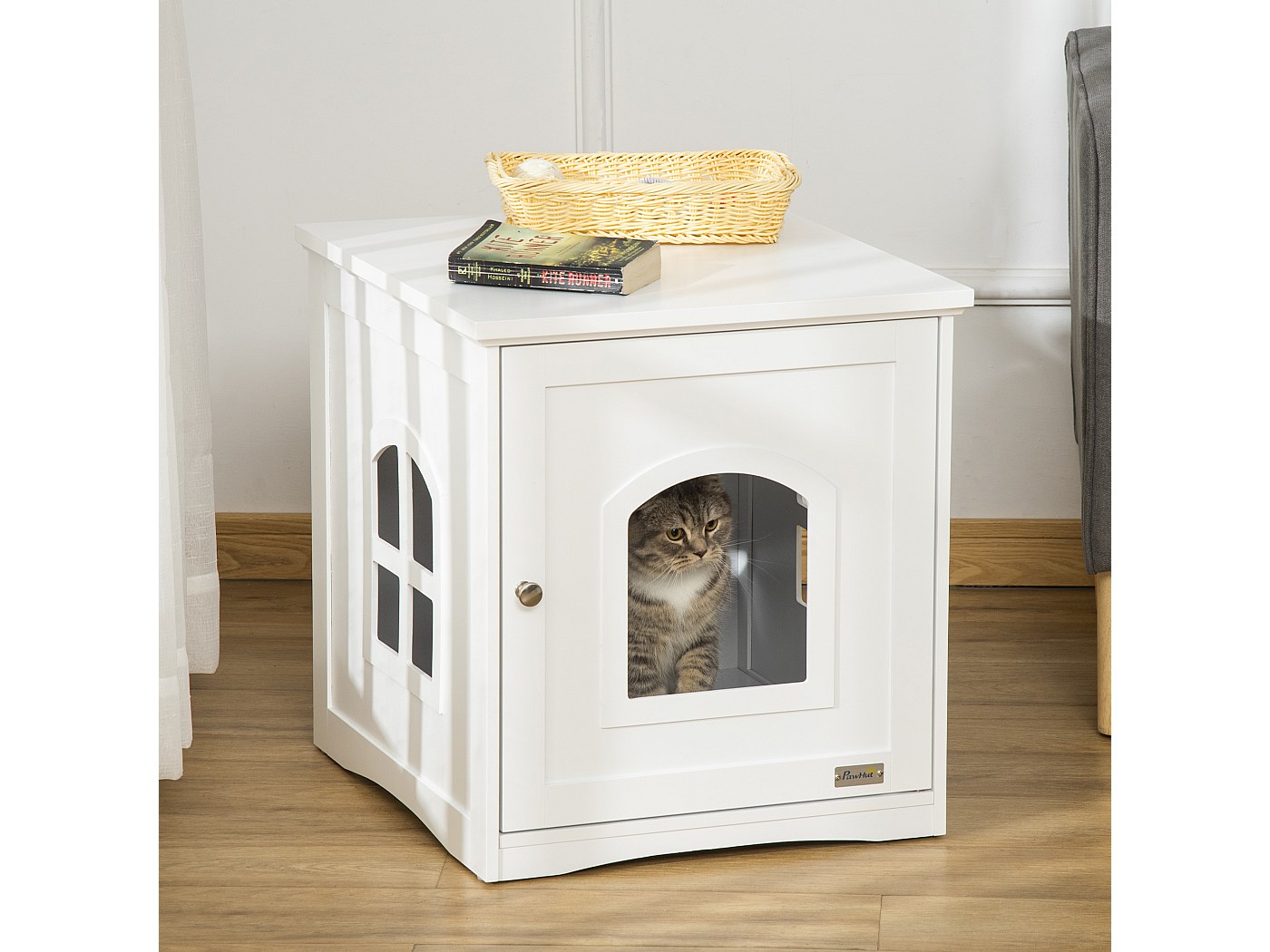 Maison de toilette pour chat design maisonnette avec porte, fenêtres