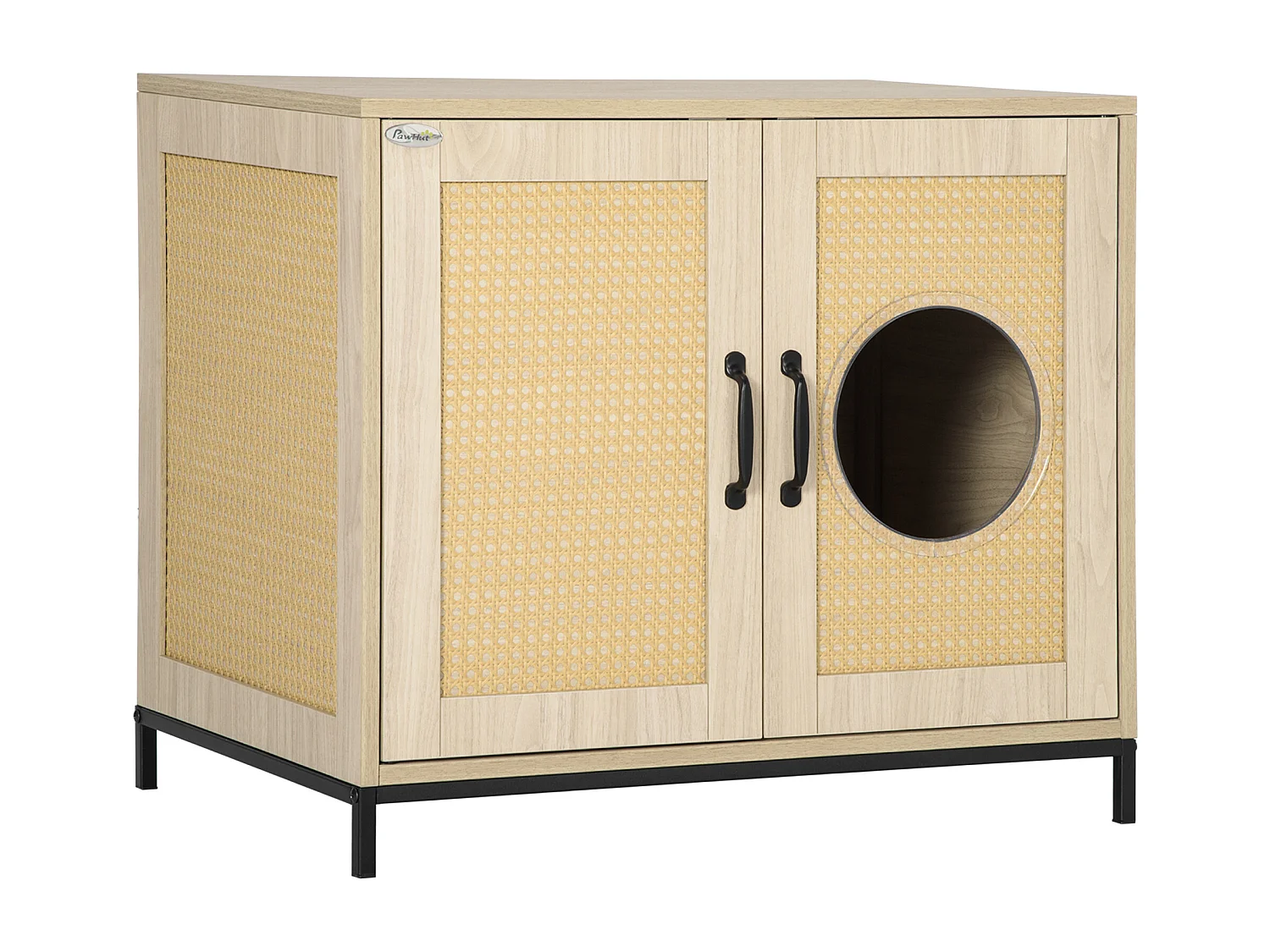 PawHut Meuble maison de toilette pour chat 2 en 1 avec double porte châssis Acier Panneaux Particules Aspect Bois Clair
