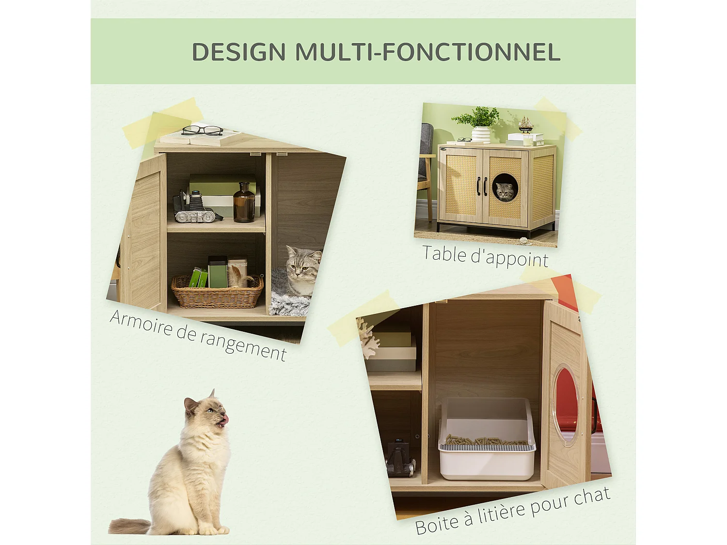 PawHut Meuble maison de toilette pour chat 2 en 1 avec double porte châssis Acier Panneaux Particules Aspect Bois Clair