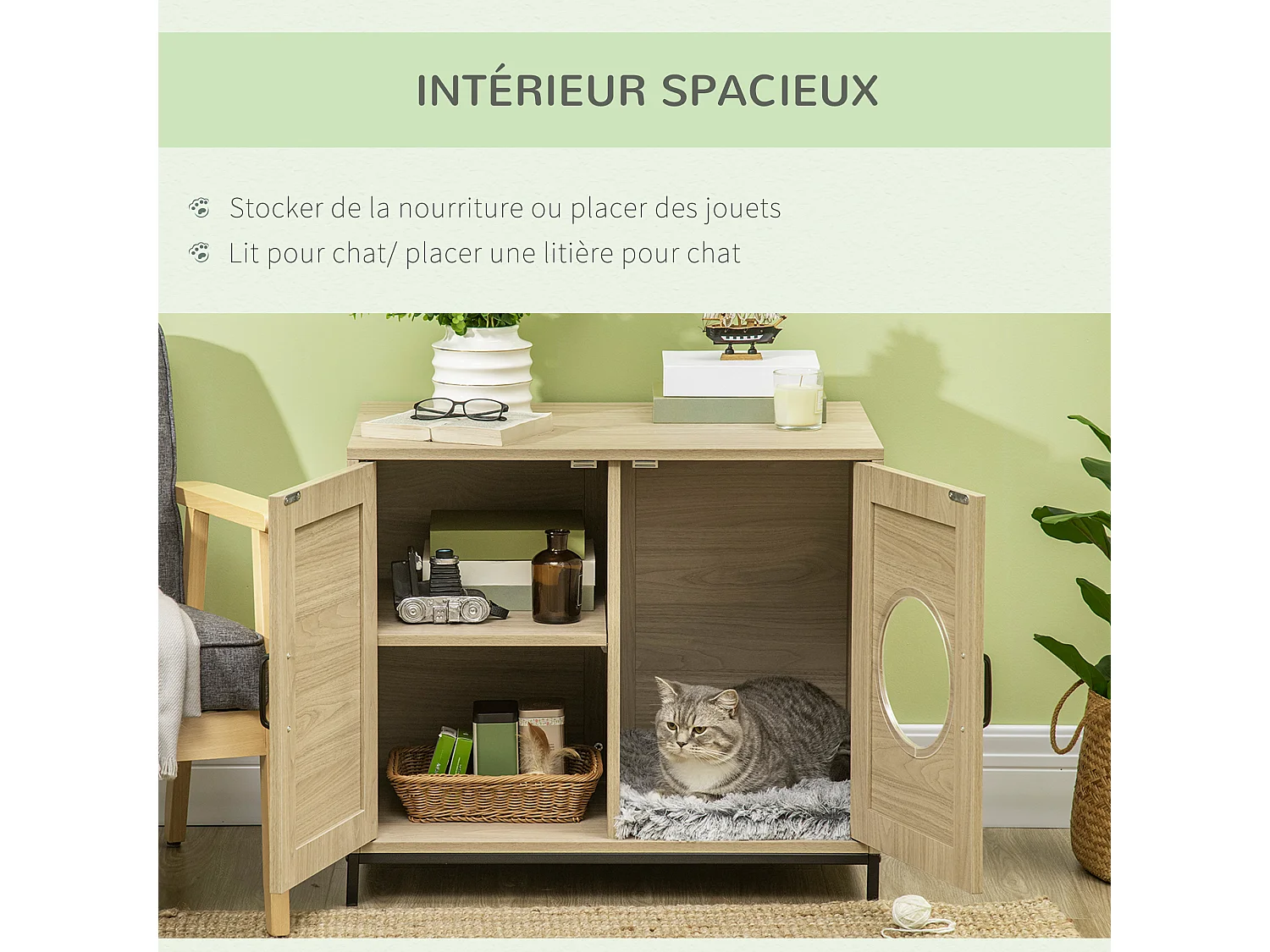 PawHut Meuble maison de toilette pour chat 2 en 1 avec double porte châssis Acier Panneaux Particules Aspect Bois Clair