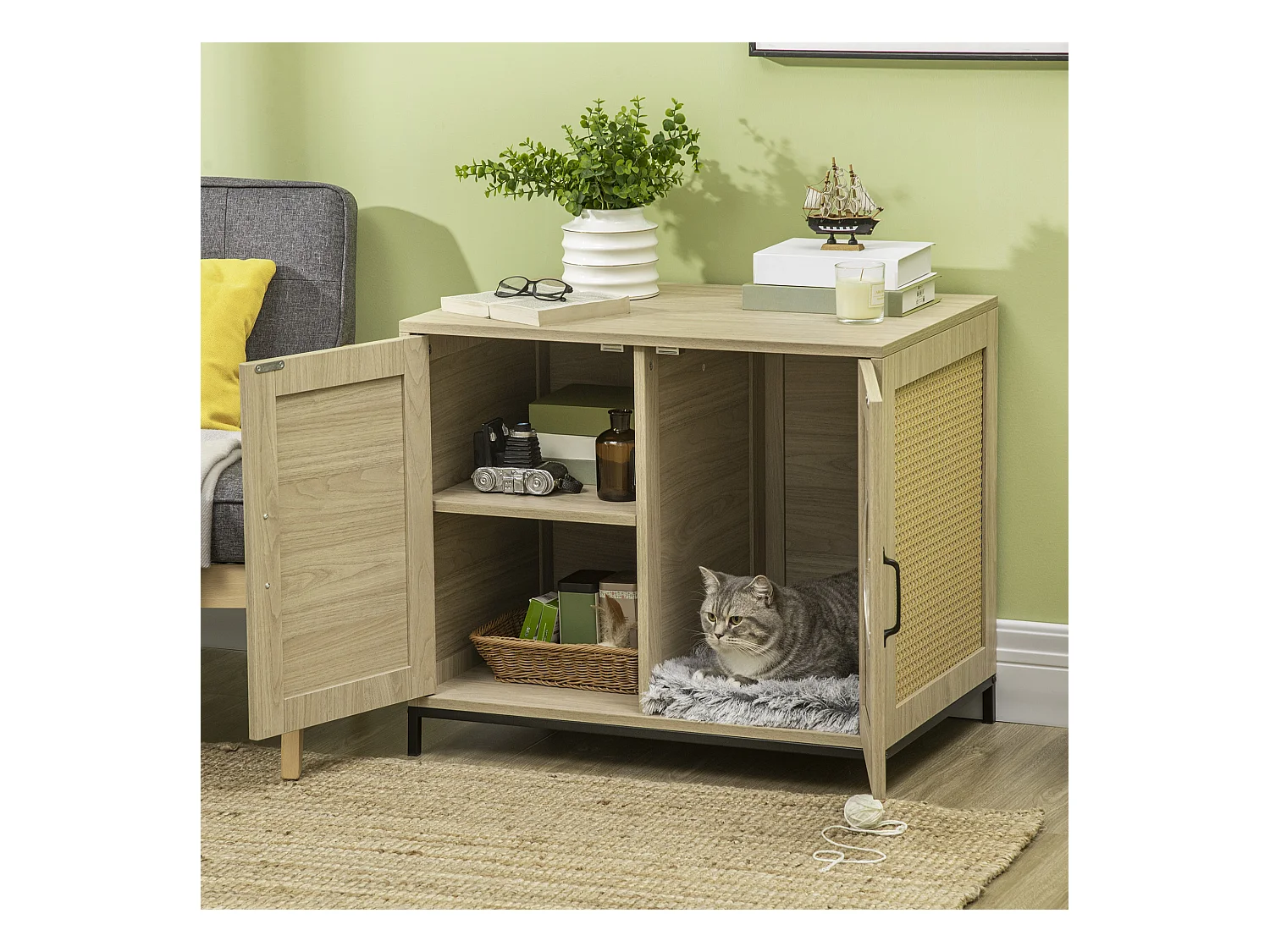 PawHut Meuble maison de toilette pour chat 2 en 1 avec double porte châssis Acier Panneaux Particules Aspect Bois Clair