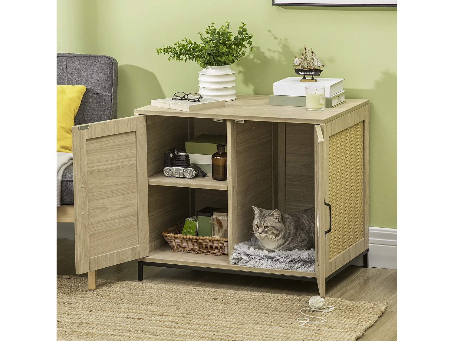 PawHut Meuble maison de toilette pour chat 2 en 1 avec double porte châssis Acier Panneaux Particules Aspect Bois Clair