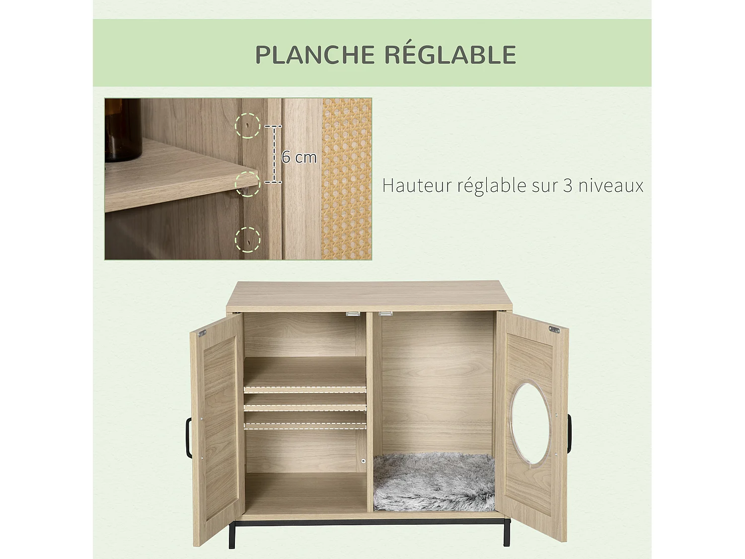 PawHut Meuble maison de toilette pour chat 2 en 1 avec double porte châssis Acier Panneaux Particules Aspect Bois Clair