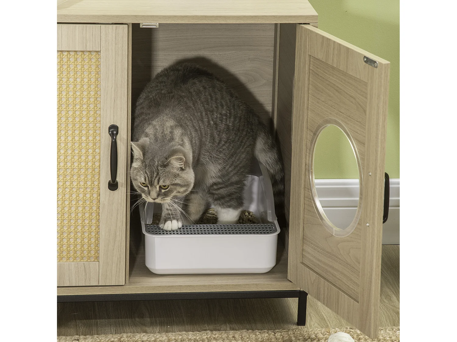 PawHut Meuble maison de toilette pour chat 2 en 1 avec double porte châssis Acier Panneaux Particules Aspect Bois Clair