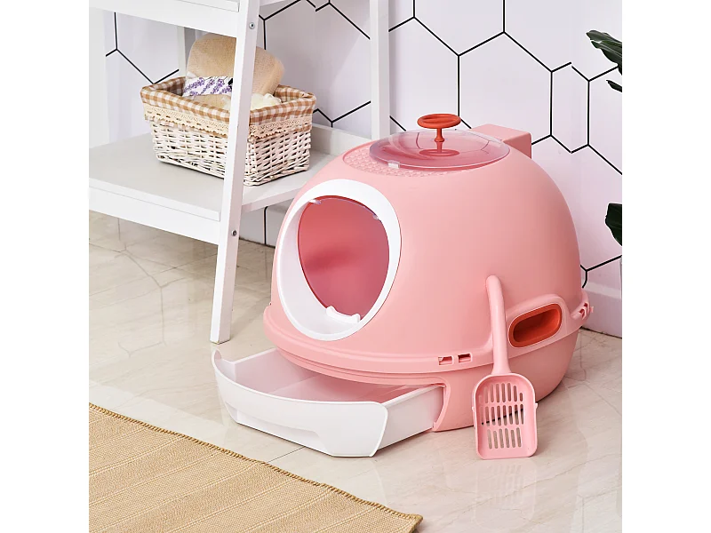 Maison de toilette portable pour chat tiroir à litière coulissant porte battante lucarne + pelle fournis dim. 47L x 55l x 44H cm rose