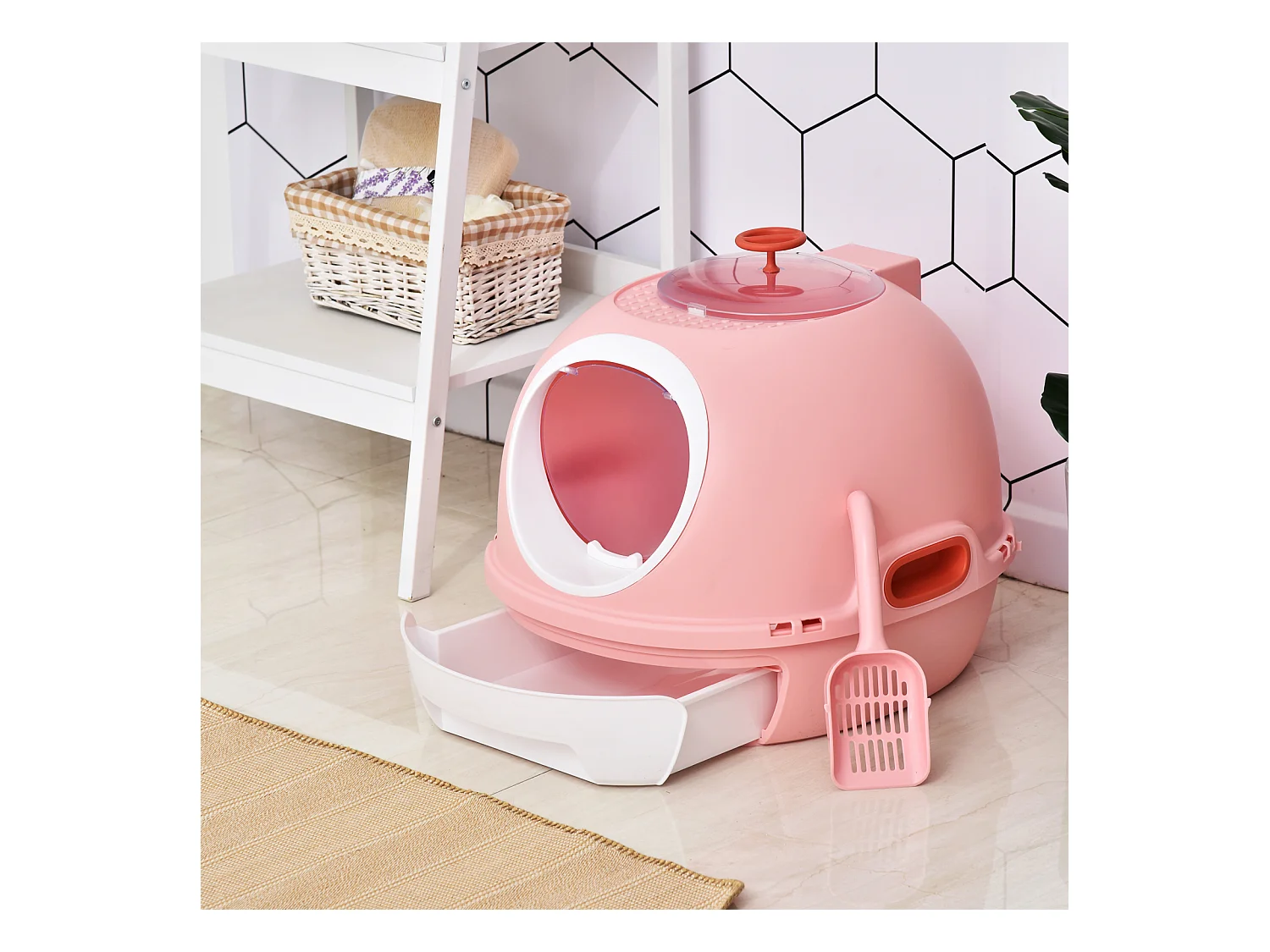 Maison de toilette portable pour chat tiroir à litière coulissant porte battante lucarne + pelle fournis dim. 47L x 55l x 44H cm rose