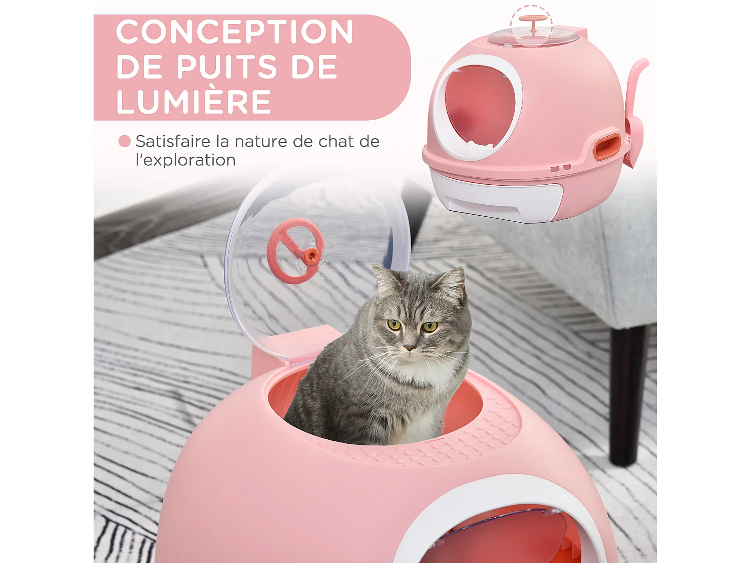 Maison de toilette portable pour chat tiroir à litière coulissant porte battante lucarne + pelle fournis dim. 47L x 55l x 44H cm rose