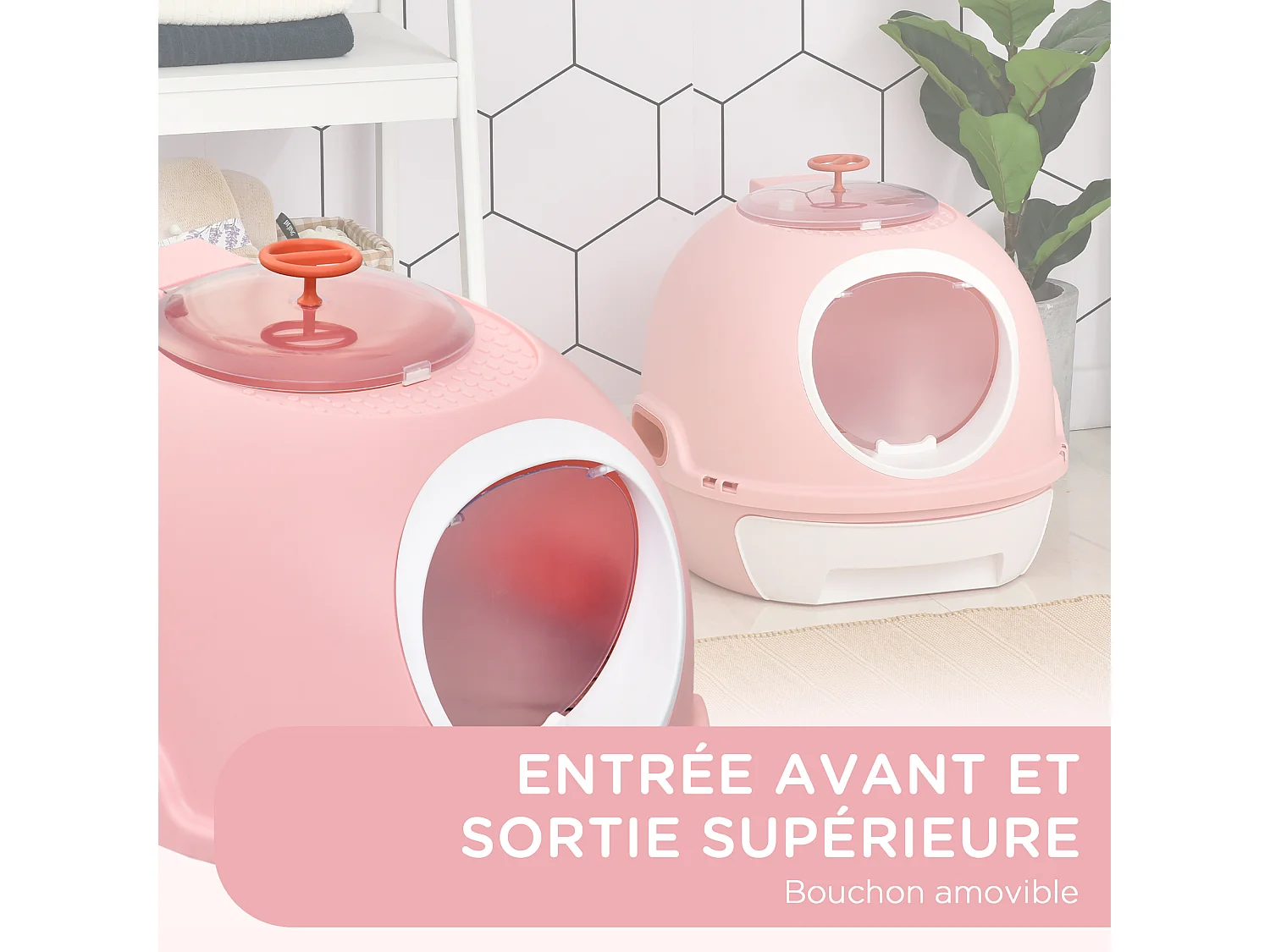 Maison de toilette portable pour chat tiroir à litière coulissant porte battante lucarne + pelle fournis dim. 47L x 55l x 44H cm rose